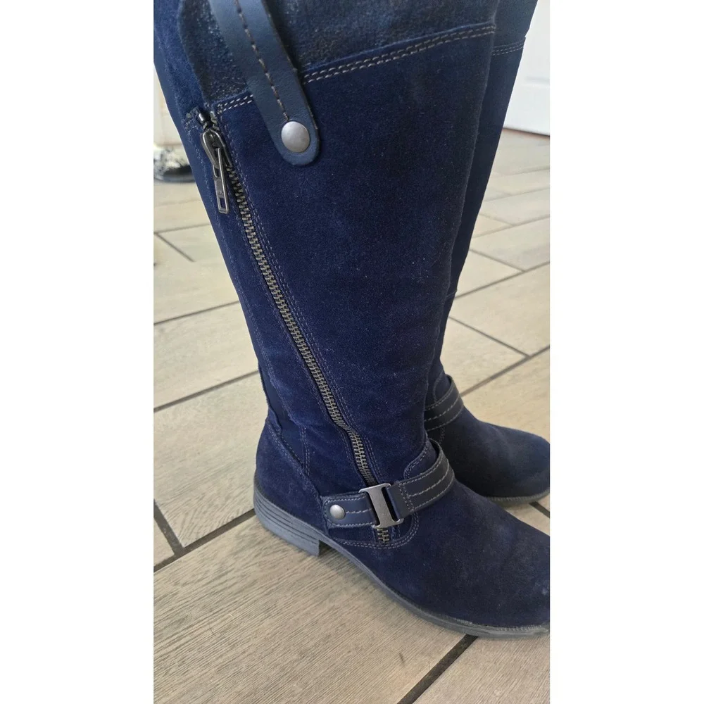 Earth Origins Portia Navy Blue Suede Tall Boots Womens 8M Buckle Zip Knee High